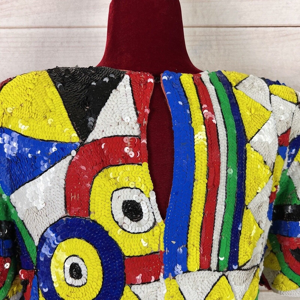 Vtg Cache Sequin 80s Color Block Blouse Shoulder … - image 5